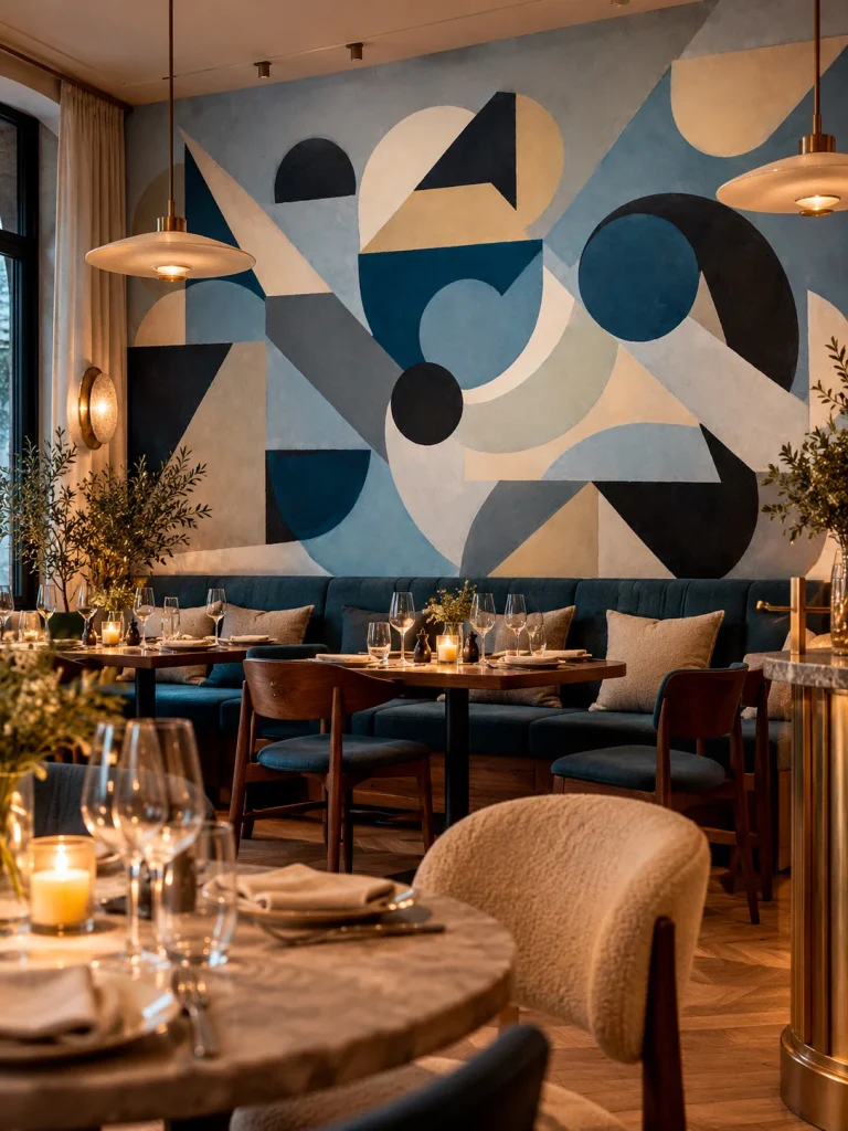 Фреска «Круг и плоскость» в ресторане над диванами вдоль стены